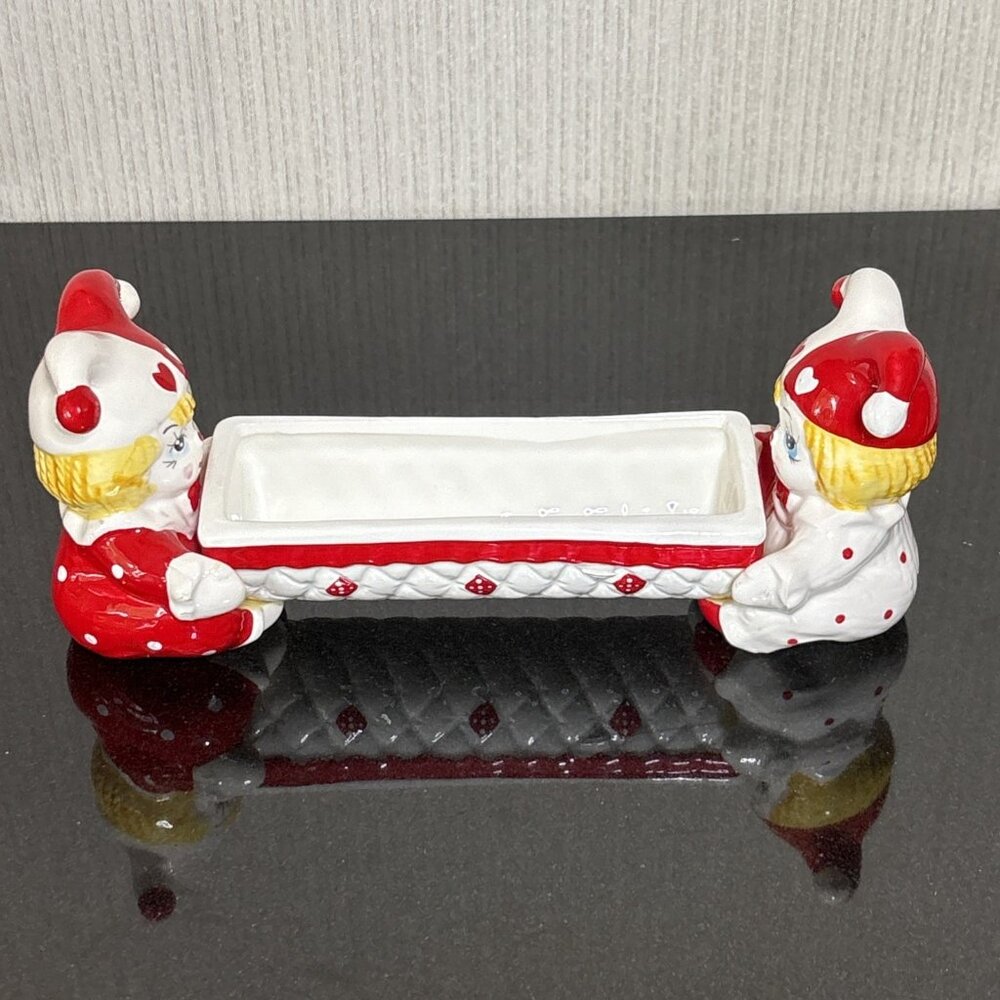 Vintage Harlequin Pixie Dish MCM Ceramic Candy Red Holiday Jester Vanity Holder - Picture 7 of 12
